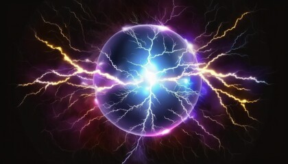 Lightning effect with powerful electric discharge as a realistic background. Design element with ball lightning, magic light effect, and electric energy flash.