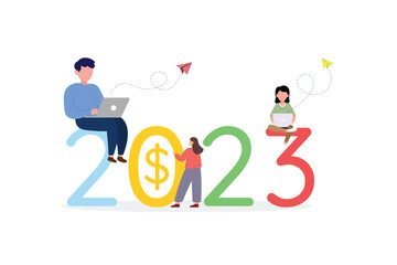 Happy new year 2023. Goals and resolutions 2023 concept illustration. tiny people having fun with their goals for web, banner, poster and landing page.