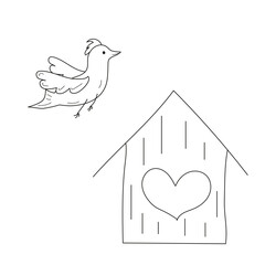 Bird and birdhouse. Doodle vector illustration. The arrival of spring. Coloring book for children.