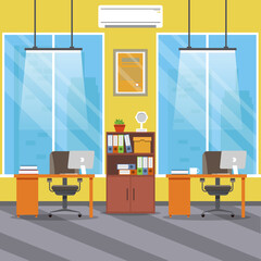 Office interior. Design of modern office designer workplace. Creative office workspace with desktop, modern monitor, furniture in interior. Vector illustration in flat minimal design, website banne