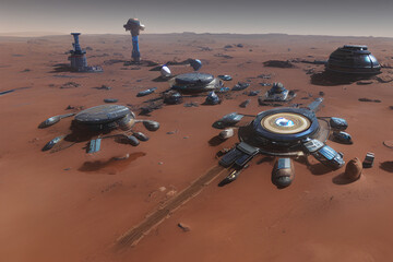 Futuristic Human Colony Established On An Unknown Barren Dusty Planet created with generative AI technology 