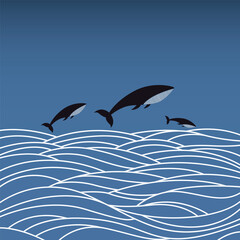 Big ocean whale design vector illustration. Big whale hand drawn sketch background.