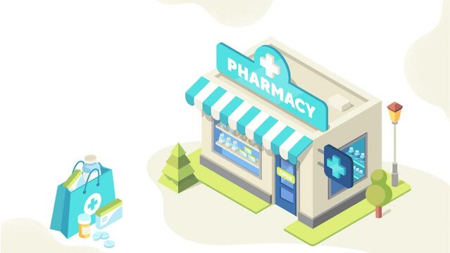 Online pharmacy video concept. Moving banner with package of tablets, pills and medicines for treatment and prevention of diseases. Facade or exterior of drug store. Isometric graphic animated cartoon