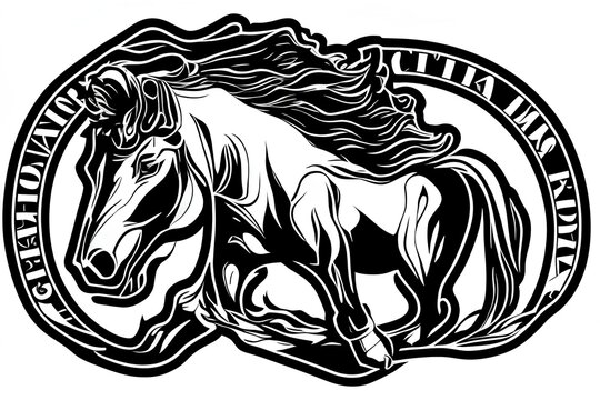 Heavy draft horse in profile. Silhouette. Logo, banner, emblem with ribbon scroll. Black and white side view vector - generative ai