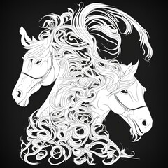 Obraz na płótnie Canvas Heavy draft horse in profile. Silhouette. Logo, banner, emblem with ribbon scroll. Black and white side view vector - generative ai