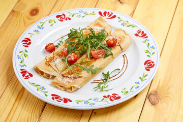 pancakes with cherry tomatoes and ham