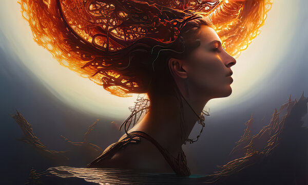 Beautiful Fantasy Woman Portrait with Elaborate Tenticle Hair with Halo Light Generative AI illustration.