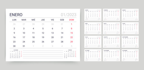 Spanish 2023 calendar. Planner layout for year. Vector illustration.