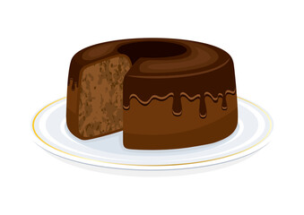 Chocolate chiffon cake icon vector illustration. Light and fluffy chiffon cake with chocolate glaze on a plate icon vector isolated on a white background. Delicious sponge cake sliced drawing