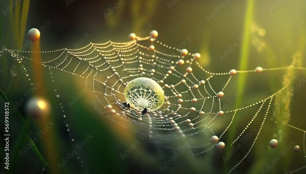 Wall mural a spider web with dew drops hanging from it's center and a dew drop hanging from the center of the s