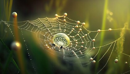  a spider web with dew drops hanging from it's center and a dew drop hanging from the center of the spider web, with dew droplets on the web.  generative ai