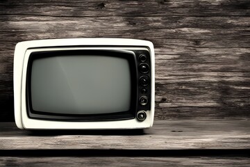 High contrast image of an old vintage TV with white noise on white wood - generative ai