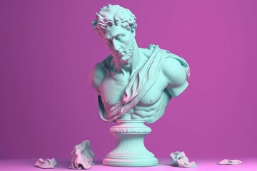 Sculpture of an abstract greek deity, done in the  pastel background colors. Generative AI.