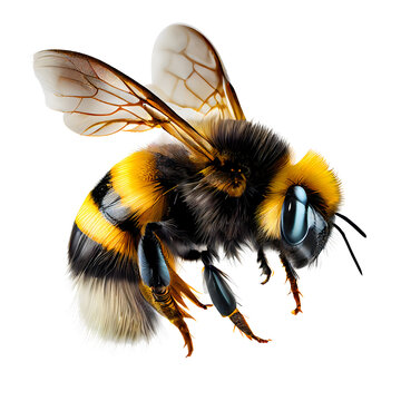 Close-up Portrait of a Flying Bee, Macro, Whole Body, Sideways, Generative AI.