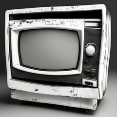 High contrast image of an old vintage TV with white noise on white wood - generative ai