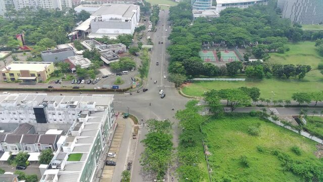 4K footage aerial view of shophouses and roads in BSD Tangerang, Indonesia.