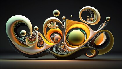  a computer generated image of an abstract object with bubbles and bubbles on a black background, with a black background and a white and orange background.  generative ai