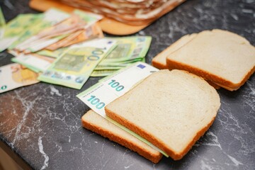 Sandwich of bread and butter and filled with euro banknotes.