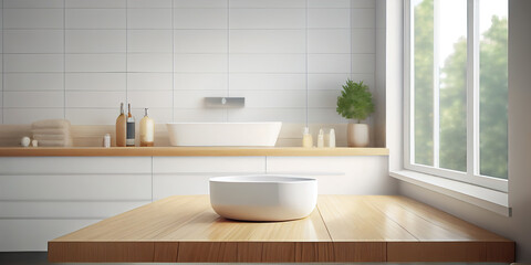 Fototapeta na wymiar Minimalist Bathroom Oasis: Wooden Table Top for Product Display with Dreamy Blurred Background of Bathtub and Elegant Interior. Generative AI