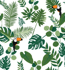 Childish seamless pattern with cute toucan and jungle elements. Can be used for kids apparel, fabric, textile, and wrapping paper. Vector illustration background.