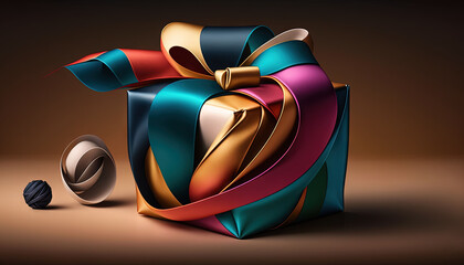  a colorful gift box with a ribbon and a ball of thread on the ground next to it on a brown background with a black background.  generative ai