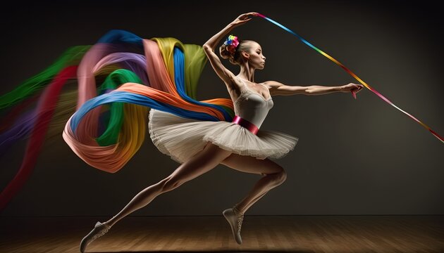  a ballerina in a tutu and a colorful stream of streamers in her hair is dancing on a wooden floor with a black background.  generative ai