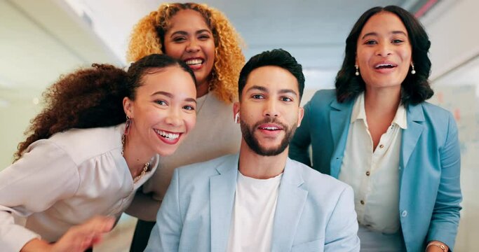 Conference, online meeting or business people on a video call talking, speaking or saying hello on a network. Collaboration, community or happy friends greeting or wave together in fun group webinar