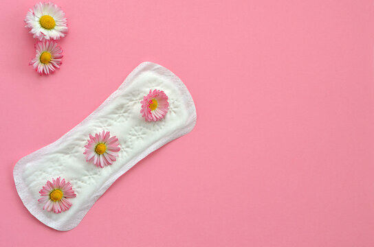 pad for daily hygiene on a pink background and flowers of daisies, , copy space