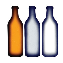 A set of three bottles of in different colors of blue and brown.