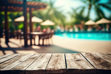 Tropical beach bar blurred, wooden table. Generative AI