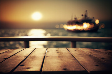 Romantic evening in restaurant by the ocean, wooden table, bokeh. Generative AI