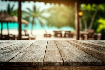Tropical beach bar blurred, wooden table. Generative AI