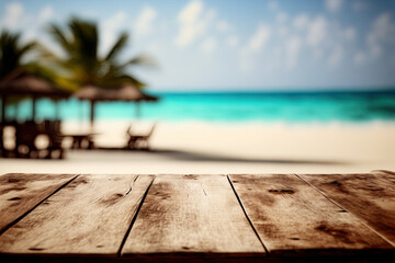 Tropical beach bar blurred, wooden table. Ocean view. Generative AI