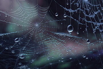 Spiderweb texture with drops of water, Generative AI