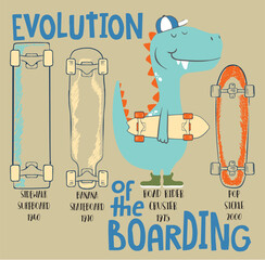 Cute dinosaur rides on skateboard. Tyrannosaur skateboarder  © basws