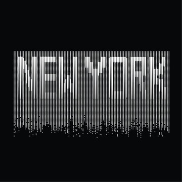 T shirt typography graphics New York. Athletic style NYC. Fashion stylish print for sports wear. Black pixel silhouette. Template for apparel, card, label, poster. Symbol big city. Vector illustration