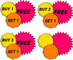 Buy 1 Get 1 Free or Buy 2 Get 1 Free or Buy 3 Get 1 Free - different discount tag with one blank template. Isolated vector illustration EPS 10 file.