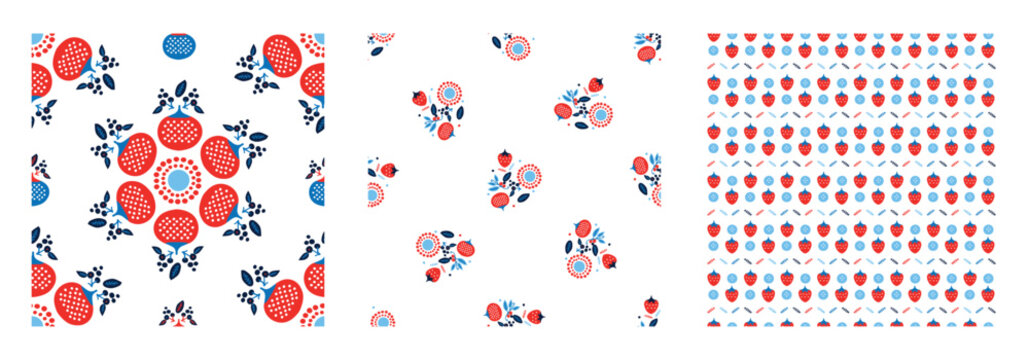 Red and blue folkart quilt vector pattern set. Collection of seamless scandi all over fabric for whimsical patchwork background. 
