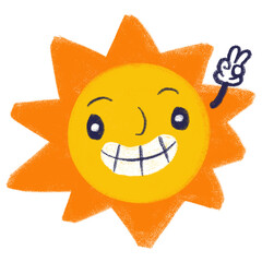 Cartoon smiling face sun showing victory hand sign. Crayon styled doodle illustration