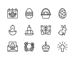Easter flat line icons set. Contains such icons as Colored egg, bunny, basket, cake and chick. Simple flat vector illustration for web site or mobile app