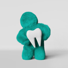 Cute turquoise fur Yeti holds white healthy molar tooth 3D rendering. Faceless fluffy bigfoot. Creative dental clinic advertisiment banner Dentist Day Wisdom teeth extraction Enamel whitening brushing