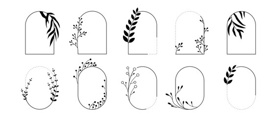 Set of floral design elements. The frame of the wreath is bordered by a branch and minimalist leaves. Hand drawn grass, elegant leaves for invitation. Botanical trendy greenery vector