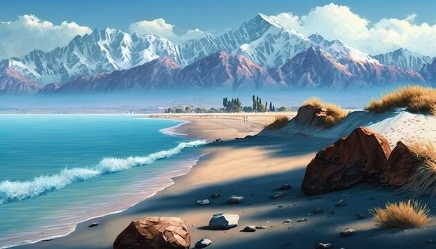  a painting of a beach with mountains in the background and a body of water in the foreground with rocks in the foreground, and a beach with rocks in the foreground.  generative ai