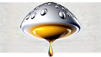  a drop of oil is dripping from a silver object with a white background and a gray background with a white line in the bottom right corner.  generative ai