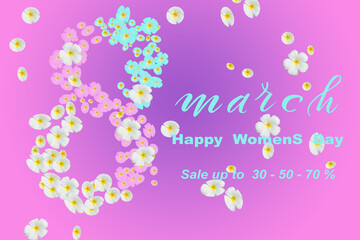 flyer or banner about 30,50,70 percent discount for international women's day on march 8th. 3d illustration