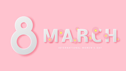 International women's day poster. Daisy flowers and white text on pink background. Paper cut style