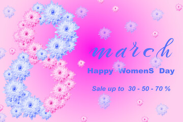 flyer or banner about 30,50,70 percent discount for international women's day on march 8th. 3d illustration