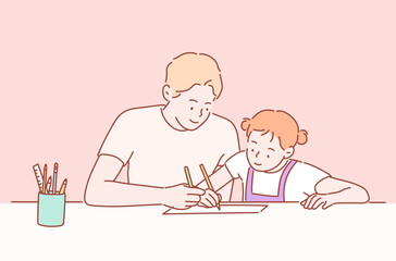Family Father Daughter Love Parenting Teaching Drawing Togetherness Concept
. Hand drawn style vector design illustrations.
