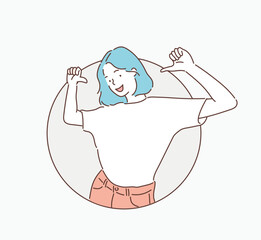 Woman looking confident with smile on face, pointing oneself with fingers proud and happy. Hand drawn style vector design illustrations.