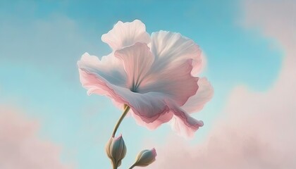 Fototapeta na wymiar a painting of a pink flower with a blue sky in the background with clouds in the foreground and a light blue sky in the background. generative ai